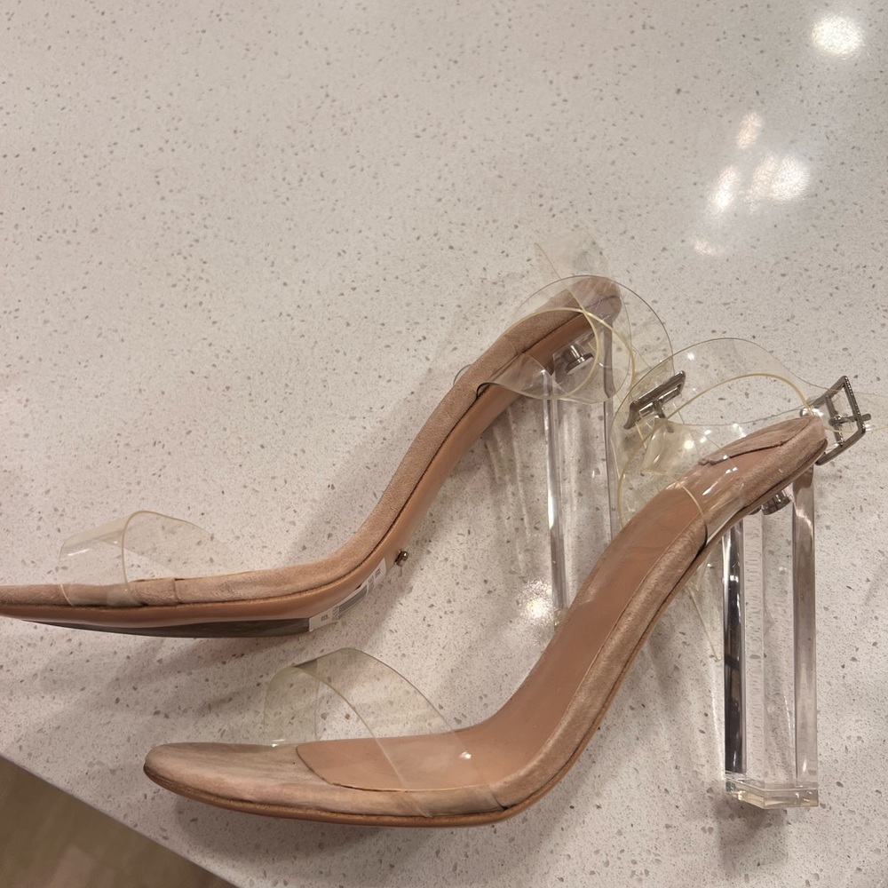 Tony Bianco Clear Strap Nude Heeled Sandals with Lucite Block Heel